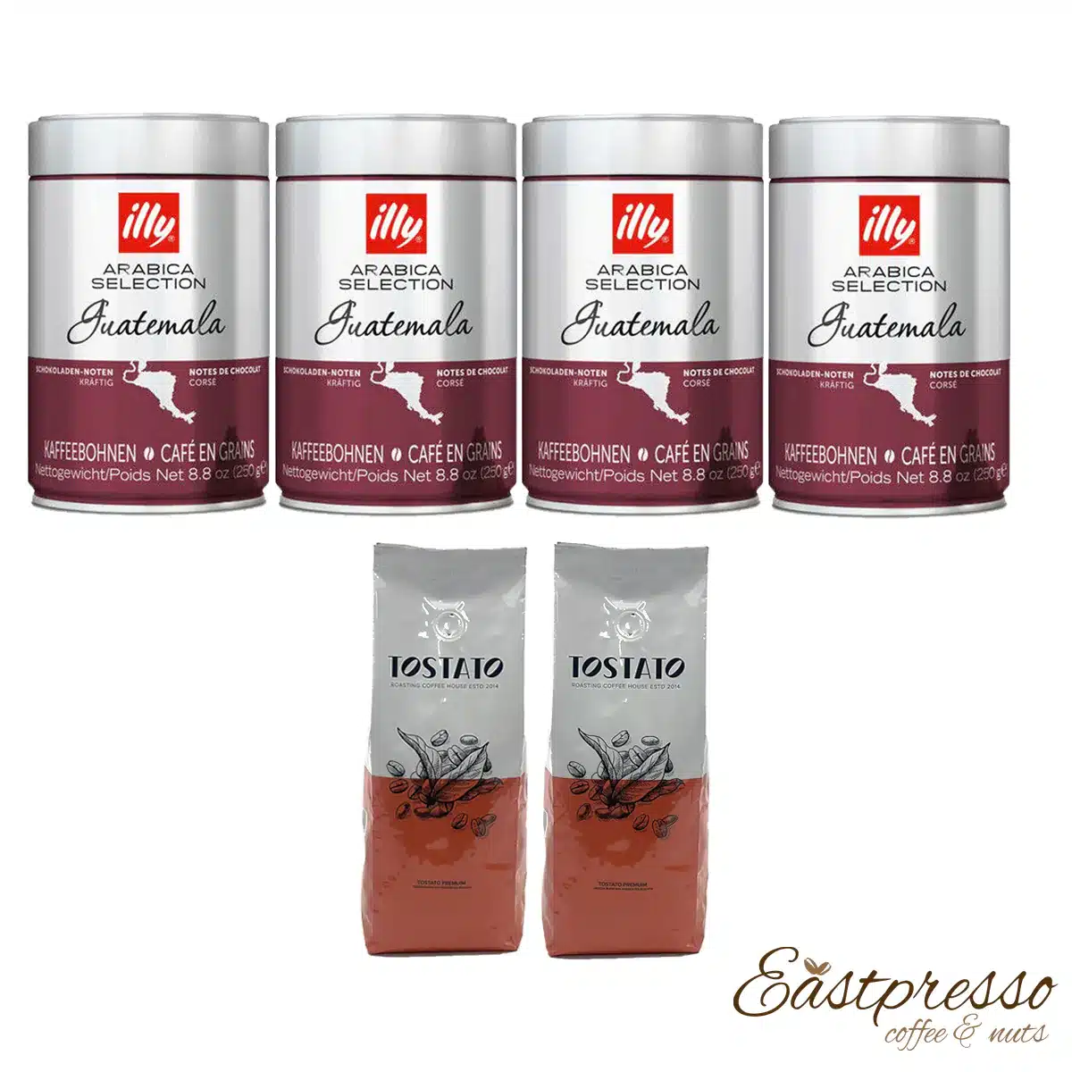 באנדל 4 קופסאות אילי גואטמלה 250 גרם +1 ק"ג  טוסטאטו פרימיוםBundel 4 illy Guatemala 250 gr + 2 TOSTATO Premium 500 gr